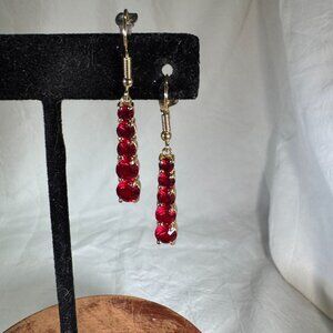 Gold-Tone Dangling Linear Drop Earrings With Red Gemstone Accents Hook Back